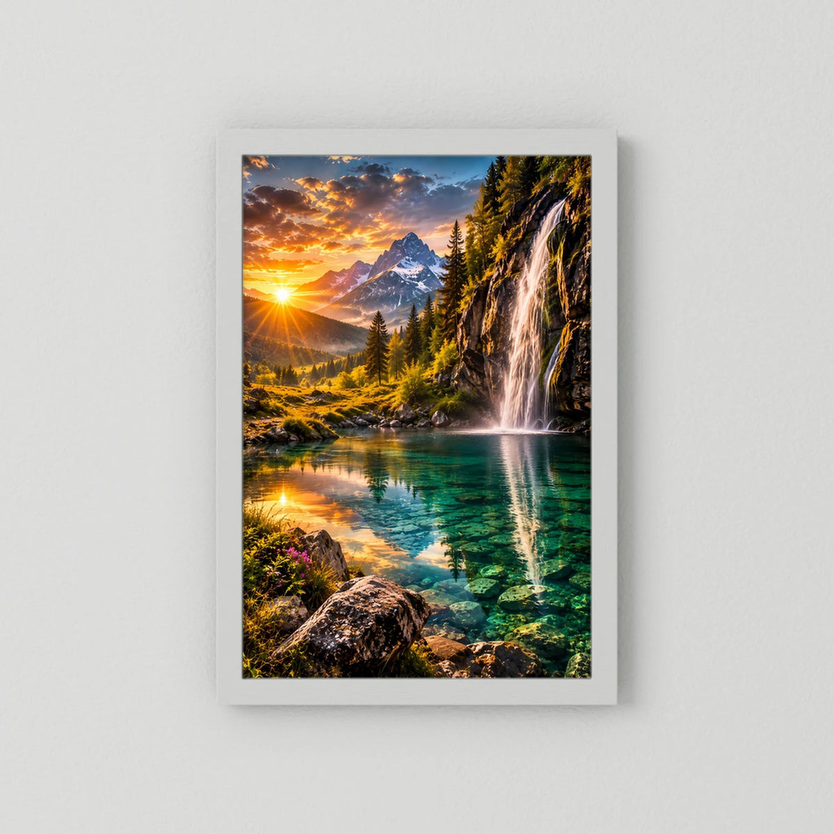 Poster mit Alpenlandschaft und Wasserfall bei Sonnenuntergang, ohne Rahmen