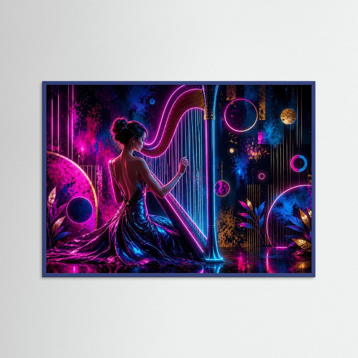 Harfenspielerin im Neonlicht | Moderne Musik Wandkunst in Pink & Blau