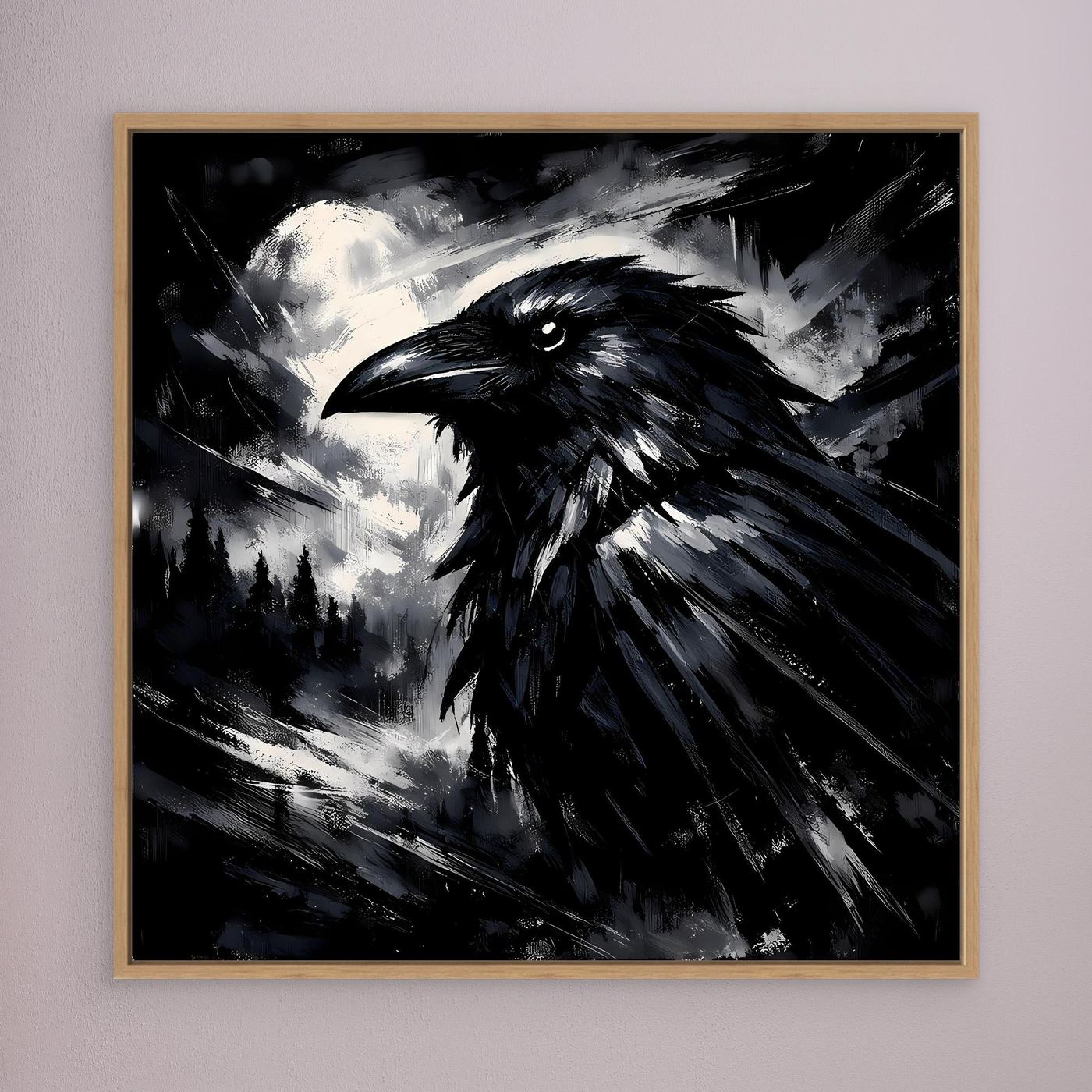 Gothisches Wandbild mit schwarzem Rabenmotiv und silbrigem Vollmond, Holzrahmen