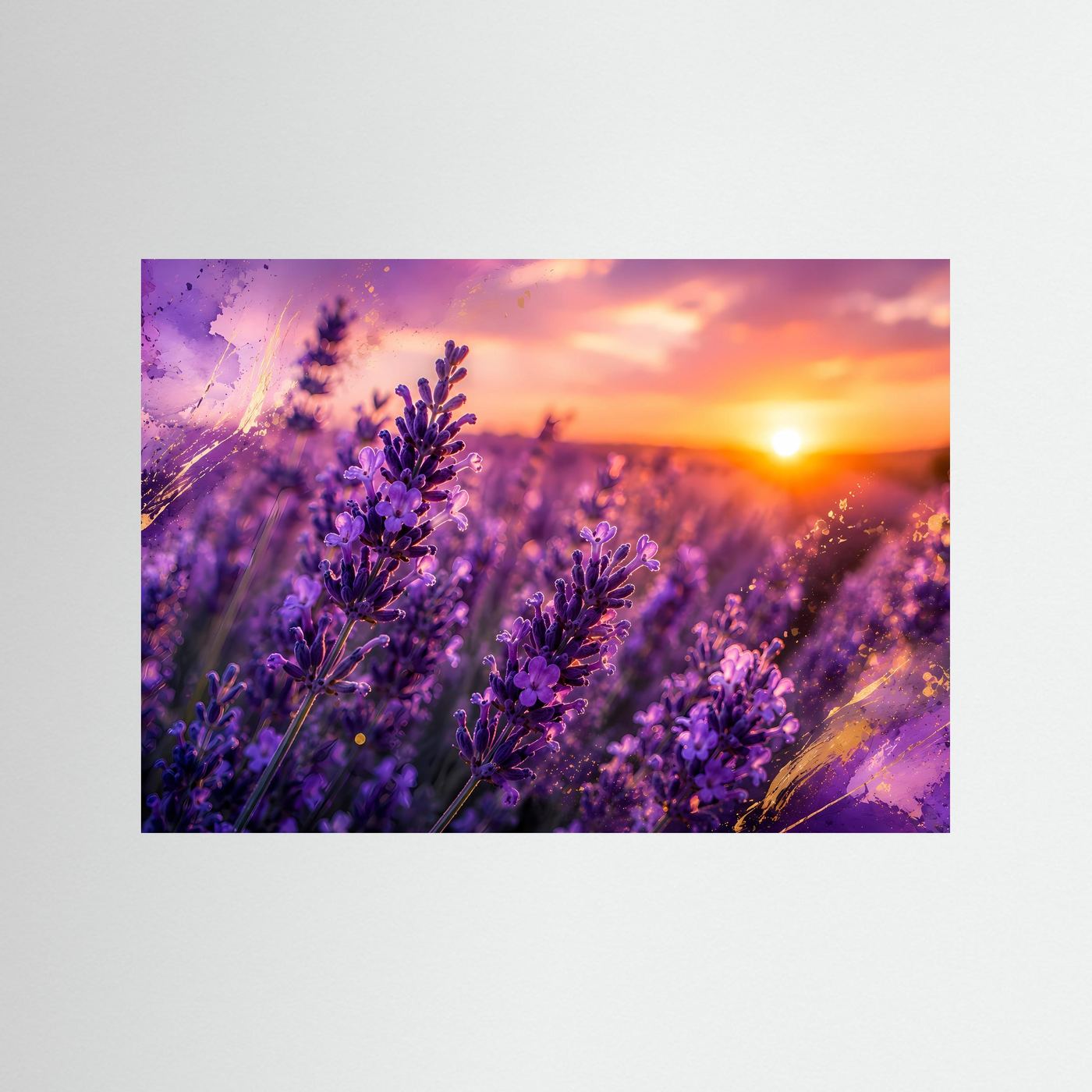 Lavendelfeld im goldenen Sonnenuntergang | Romantisches Lavendel Poster Panorama Querformat in Violett & Gold
