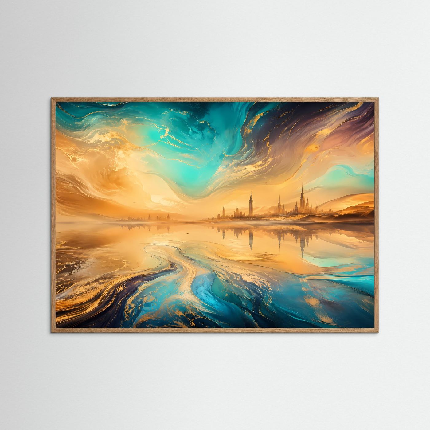 Fata Morgana Poster | Surreale Wüstenlandschaft mit Gold und Türkis | Abstrakte Traumlandschaft | Modernes Wandbild