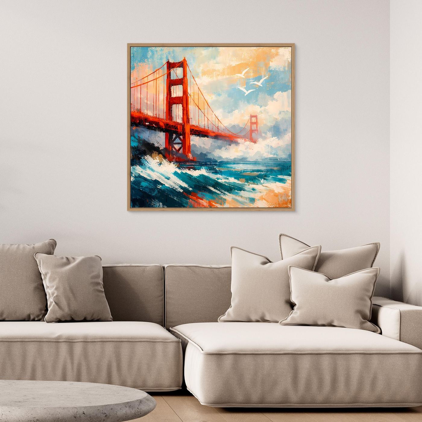 Abstraktes Leinwand-Wandbild der Golden Gate Bridge mit goldfarbenem Rahmen.