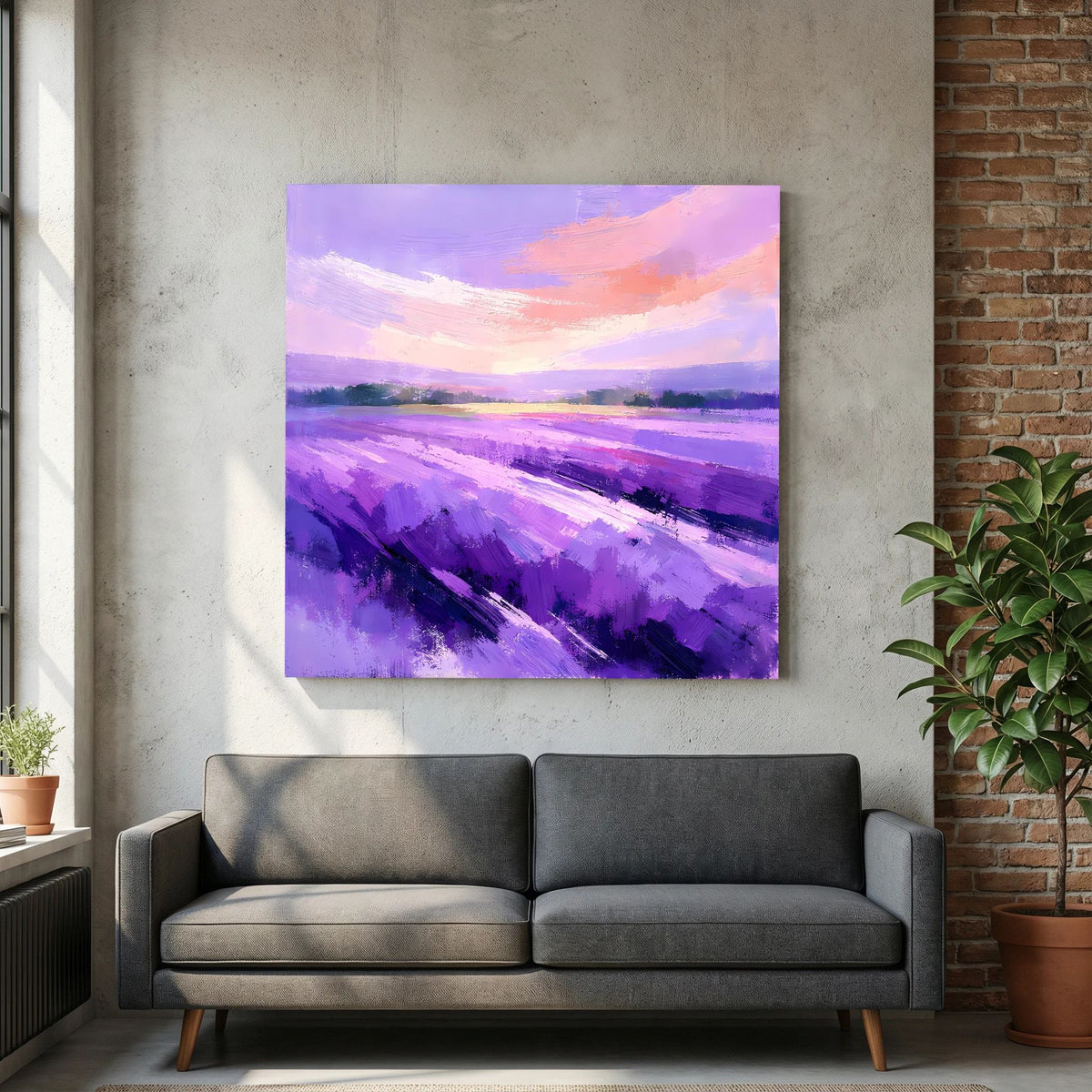 Leinwand-Wandbild mit lila Lavendelfeldern, türkis-violetten Schatten und orange-rosa Himmel
