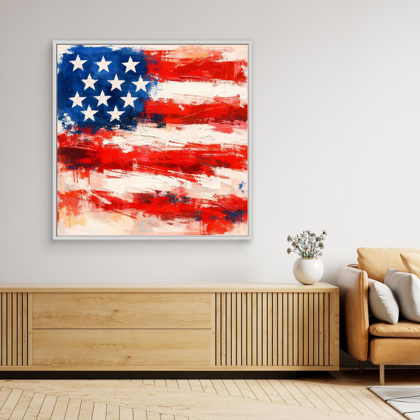 Abstract USA flag canvas wall art, blue stars and red/white brush stripes, white frame