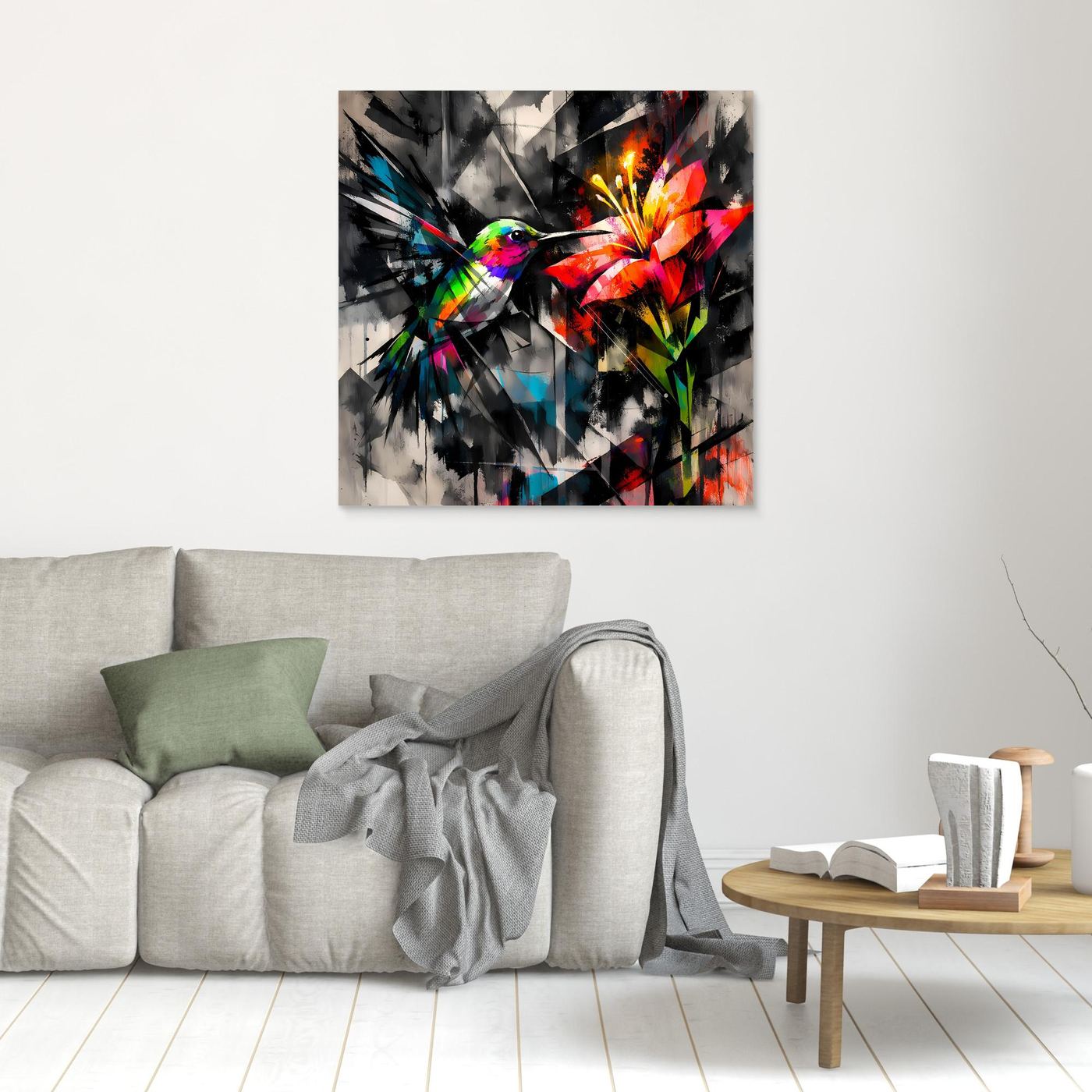 Leinwandbild Farbintensiver Kolibri | Abstraktes Geometrisches Wandbild auf Keilrahmen