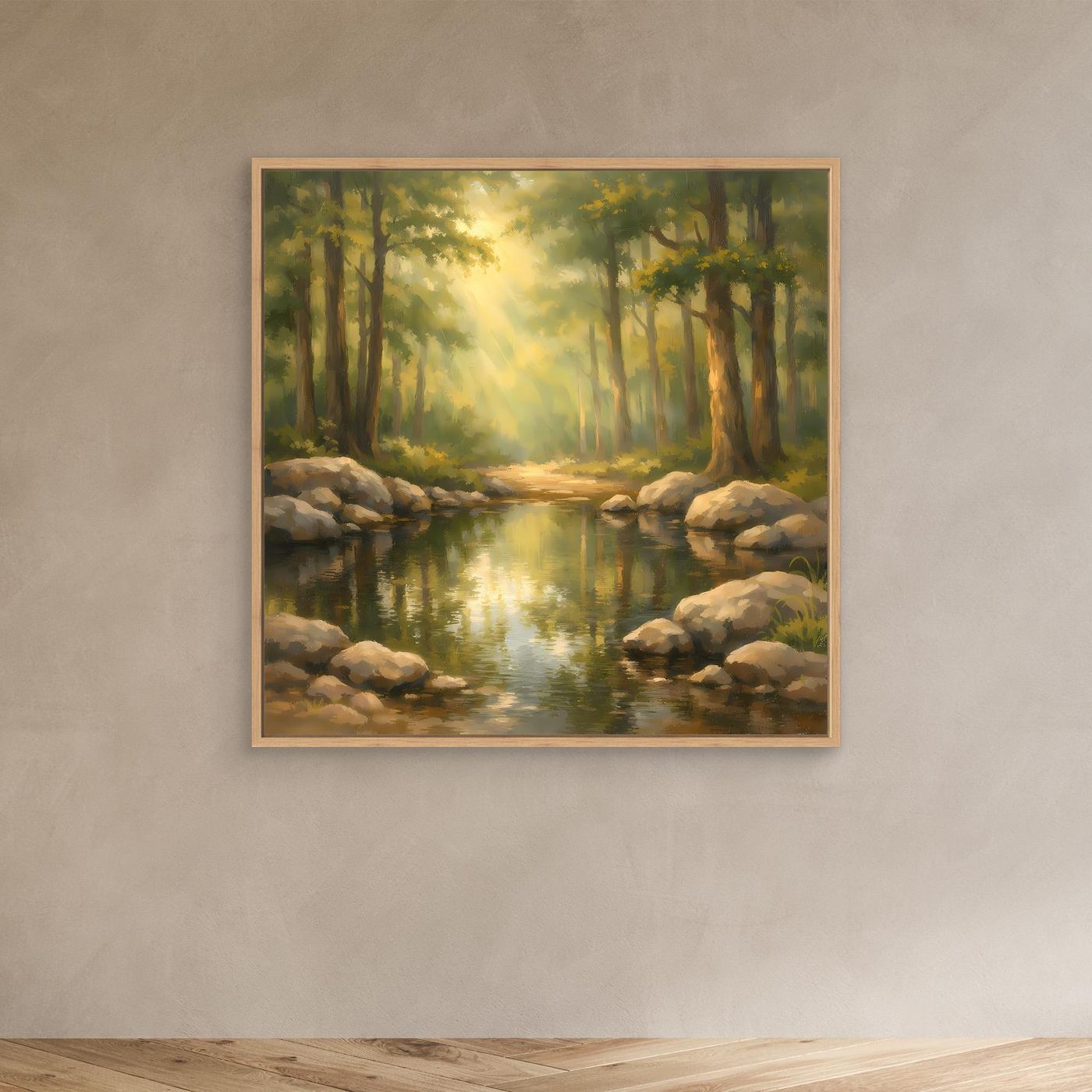 Leinwandbild mit Wald bei Sonnenstrahlen über Bach und Steinen im Eichenrahmen