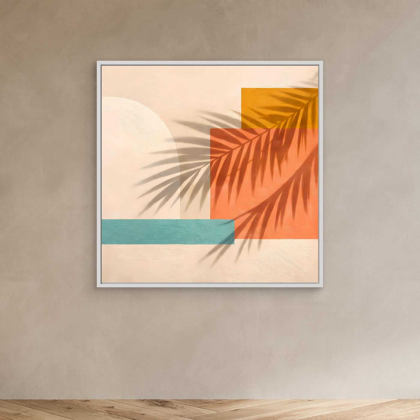 Leinwand Abstrakte Geometrie mit Palmenschatten | Modernes Boho Wandbild Terracotta