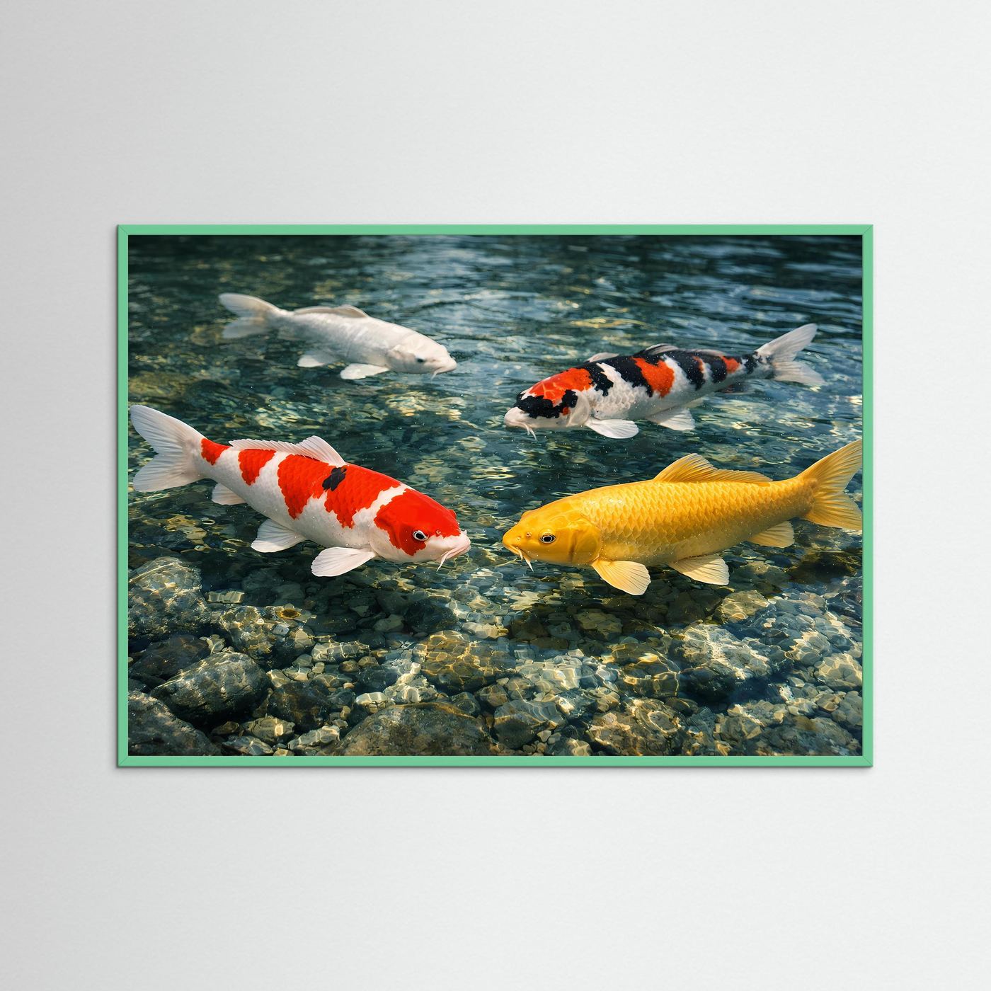 Koi-Karpfen-Poster im glasklaren Teich mit türkisfarbenem Rahmen, Querformat