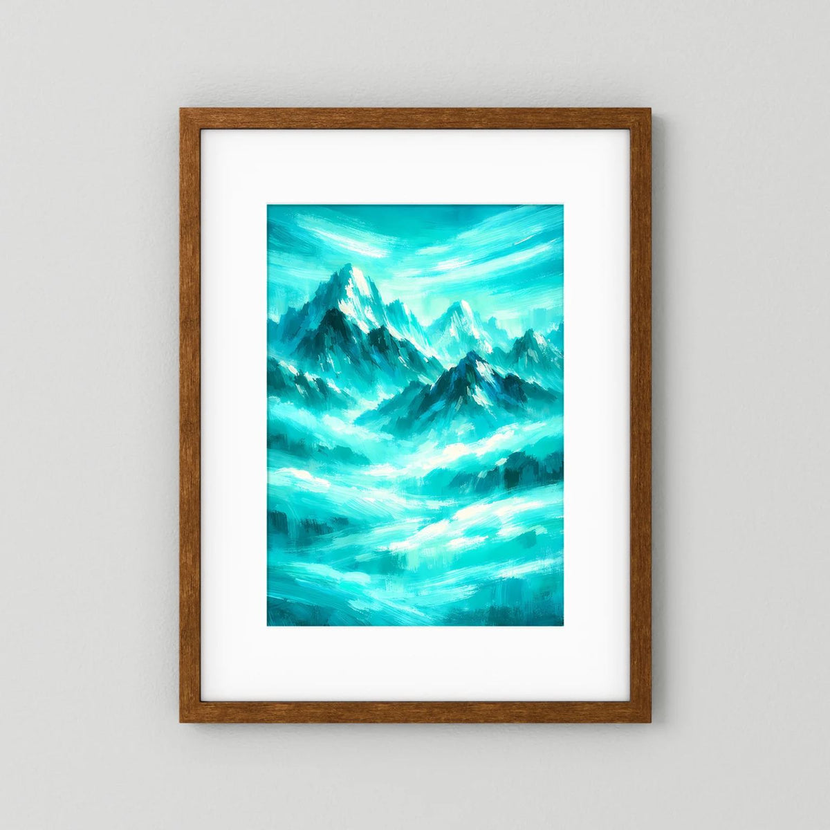 Wandbild im Hochformat mit abstrakter türkisweißer Berglandschaft und braunem Holzrahmen
