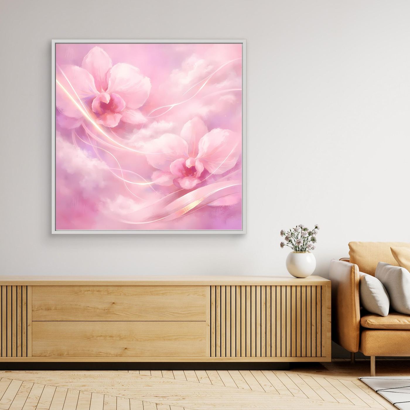 Gerahmtes Leinwandbild mit abstrakten rosafarbenen Orchideen und zarten Wolkenmotiven