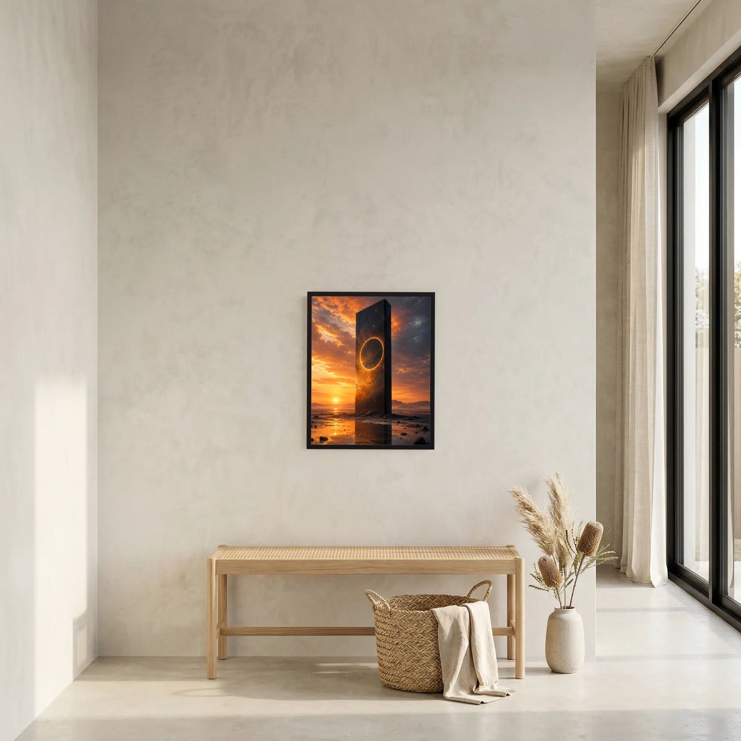 Gerahmtes Hochformat-Poster: schwarzer Monolith mit goldenem Portalring im Sonnenuntergang am Meer.