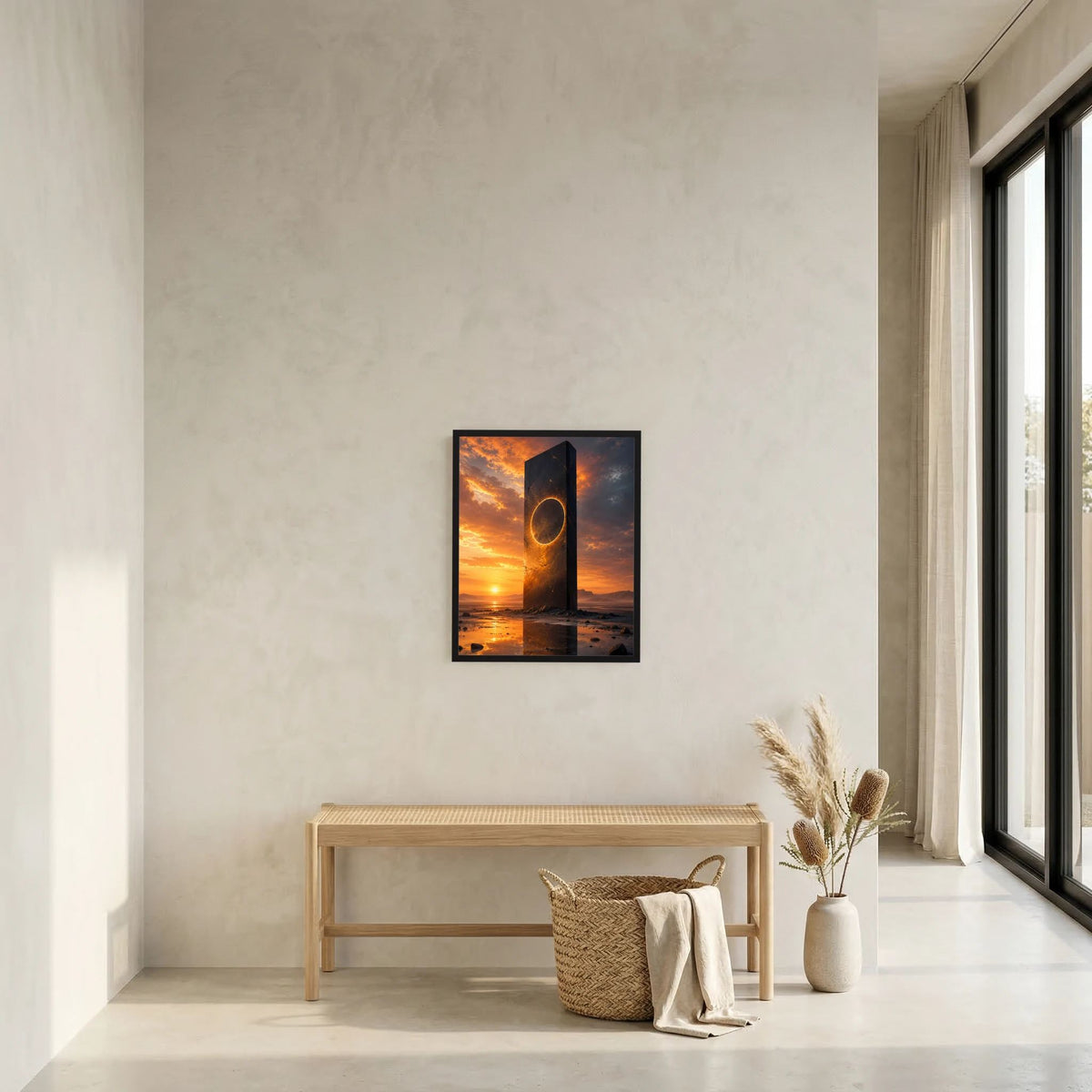 Gerahmtes Hochformat-Poster: schwarzer Monolith mit goldenem Portalring im Sonnenuntergang am Meer.