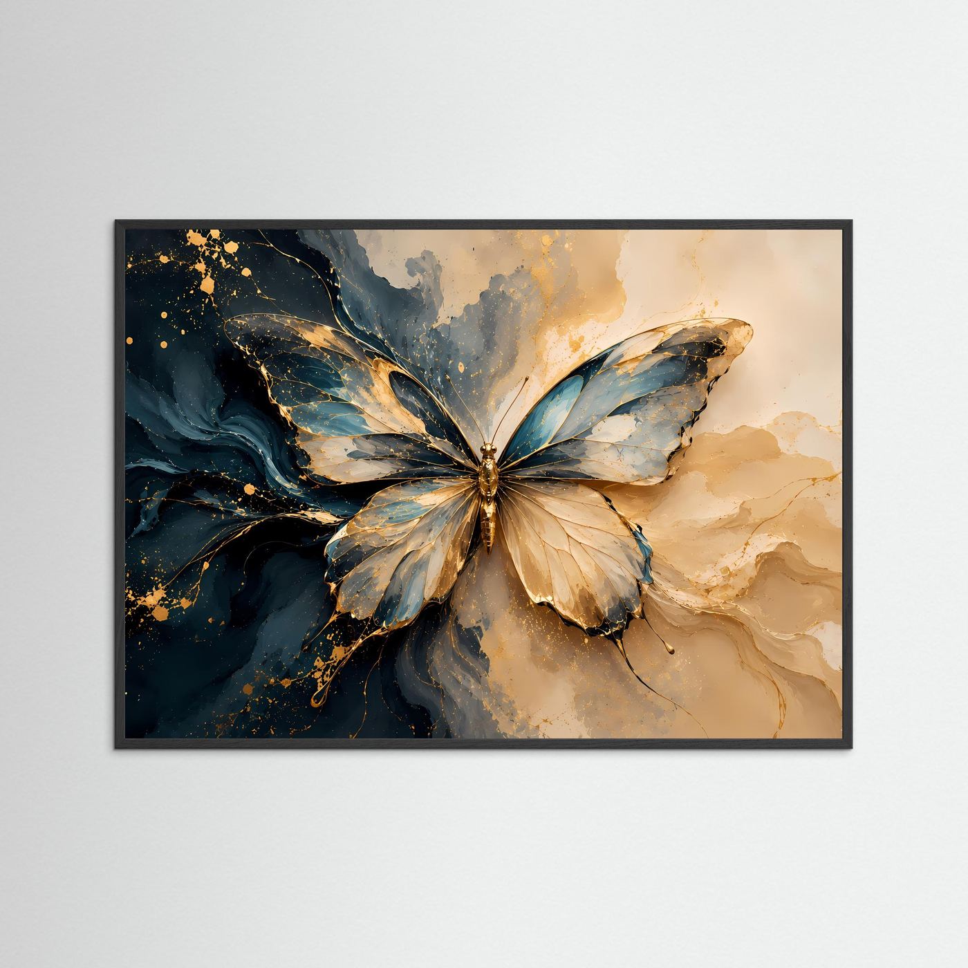 Eleganter Schmetterling in Blau & Gold | Abstrakte Kunst in Creme & Petrol