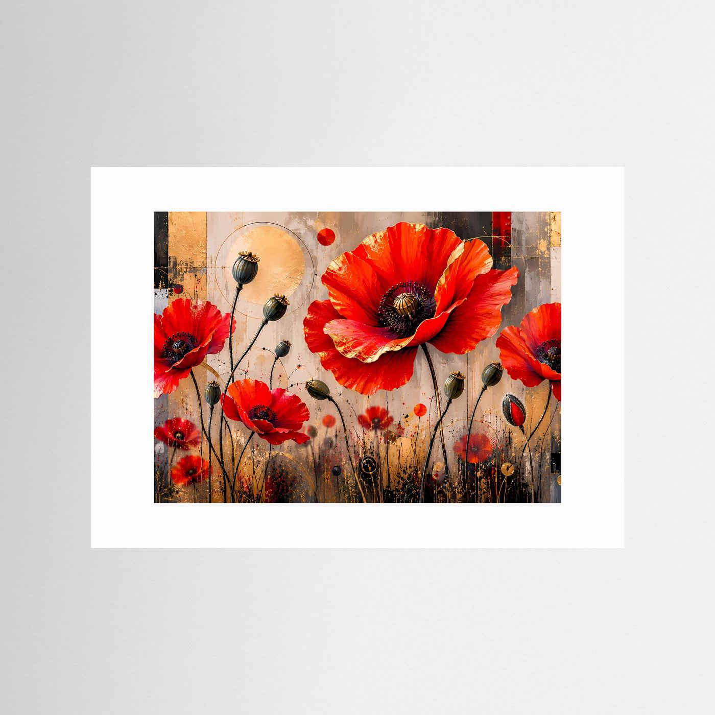 Strahlende Mohnblumen in Rot & Gold | Abstrakte Blumen & Natur Poster Querformat