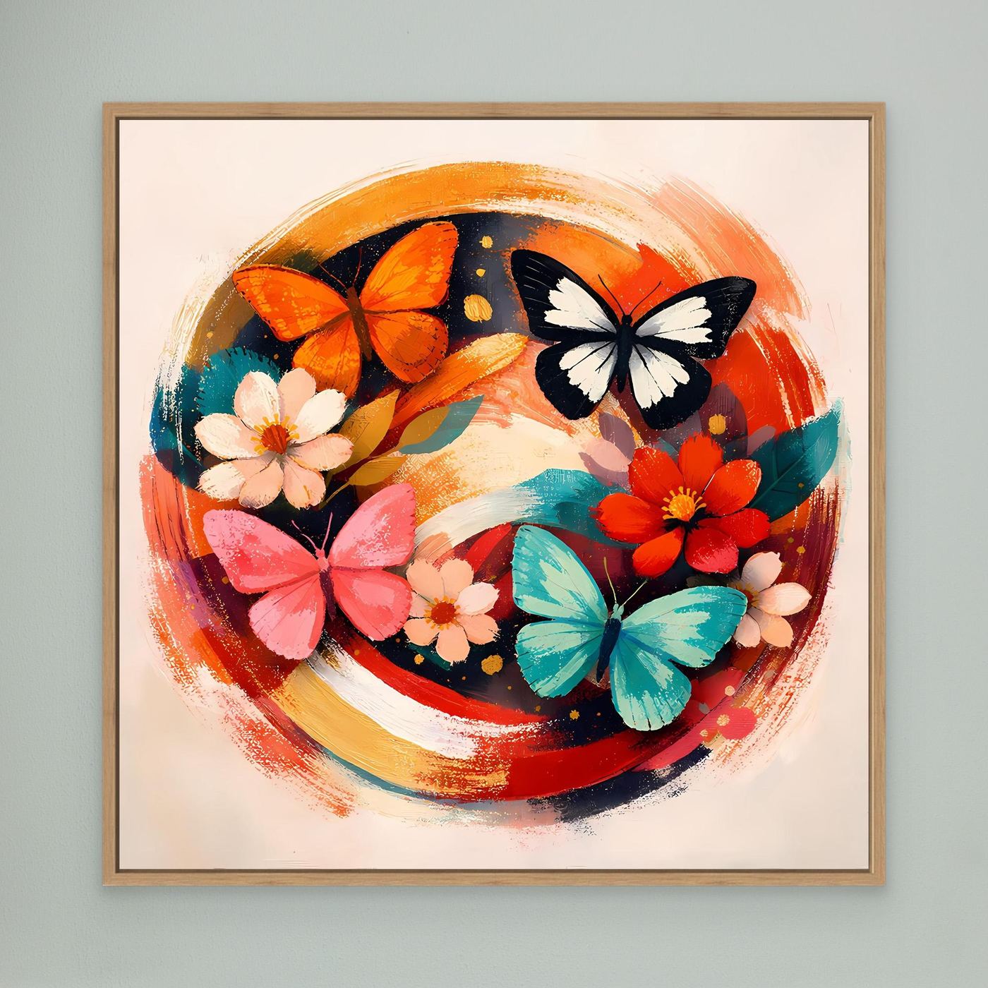 Leinwandbild mit rundem Motiv, braunem Rahmen: bunte Schmetterlinge und Blumen