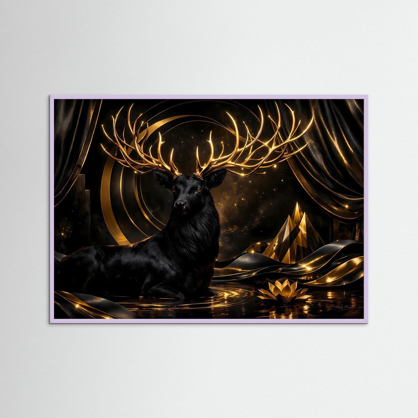 Poster Schwarzer Hirsch mit Goldenem Geweih | Majestätisches Abstraktes Wandbild