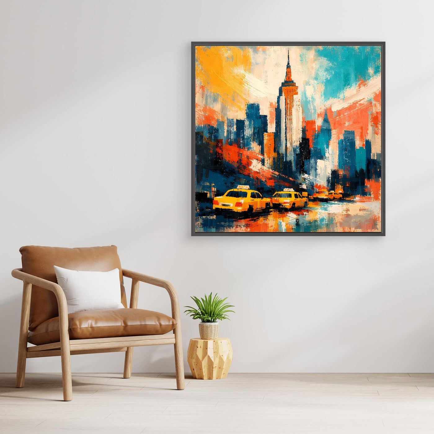 Quadratisches Leinwand-Wandbild mit New-York-Skyline und gelben Taxis, im dunklen Rahmen