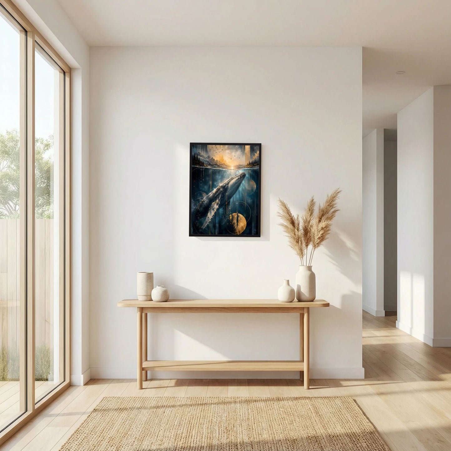 Hochformat-Poster mit schwarzem Rahmen: Walmotiv im Ozean, Blau-Gold-Szene