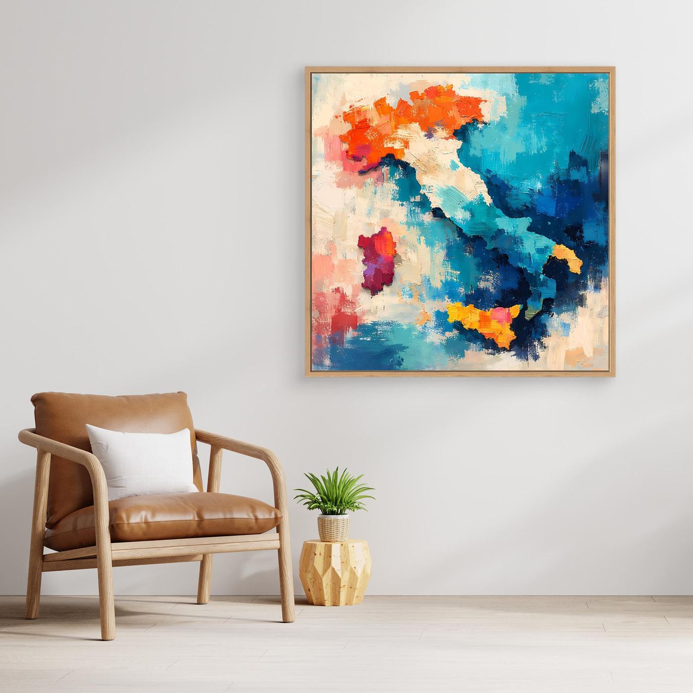 Abstract Italy map wall art with blue and orange paint strokes, light wood frame