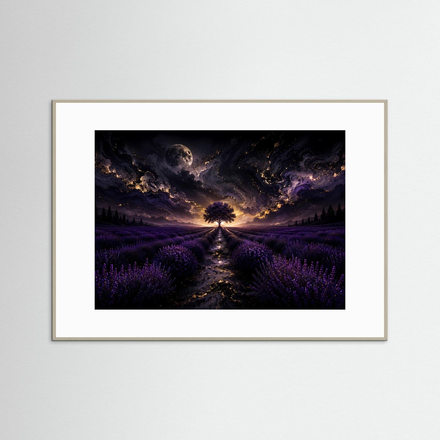 Lavendelfeld Wandbild Nacht | Mystischer Baum unter Mond | Fantasy Landschaft Poster | Lila Leinwandbild | Abstrakte Fine Art Wandkunst
