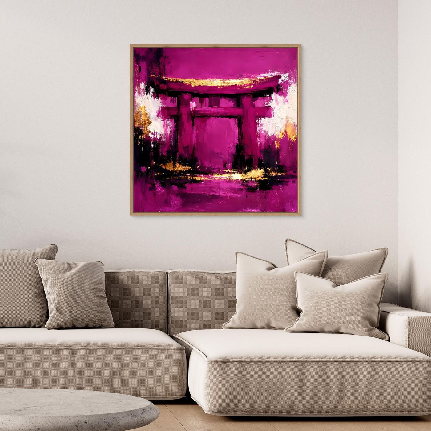 Leinwand Mystisches Torii-Tor in Magenta | Abstraktes Japan Wandbild Moderne Kunst