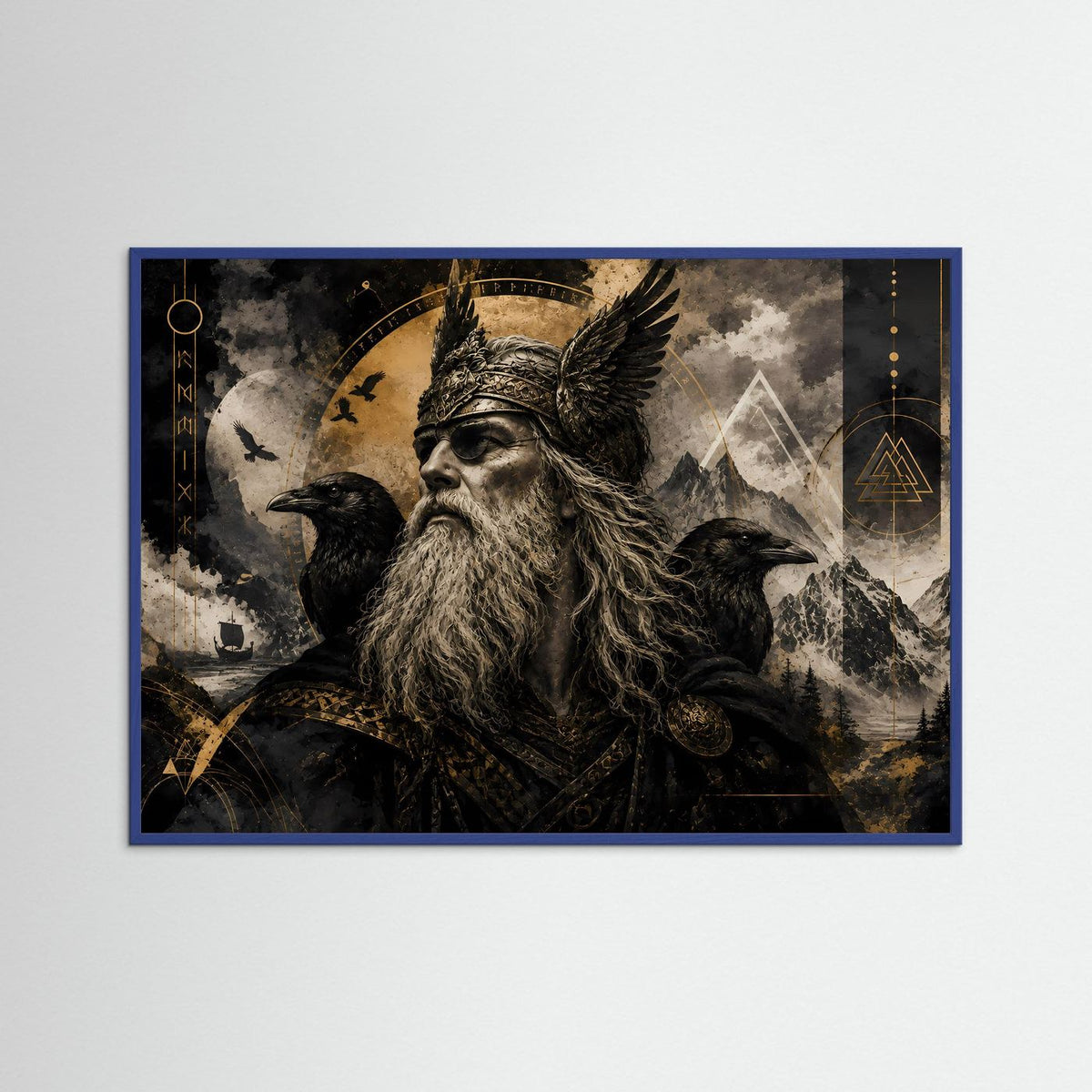 Poster im blauen Holzrahmen: Odin mit Raben, schwarz-goldene Wikingerkunst
