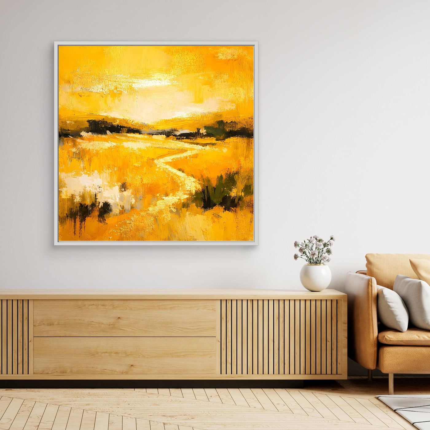 Leinwand Abstraktes Landschaftsgemälde in Gelb und Gold | Modernes Natur Wandbild mit Fluss