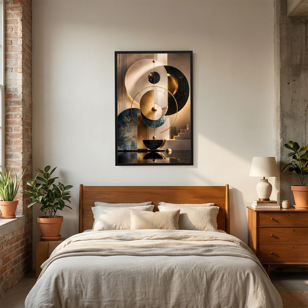 Gerahmtes Hochformat-Poster mit abstrakter Kreis-Komposition in Gold, Schwarz, Beige und Petrol.