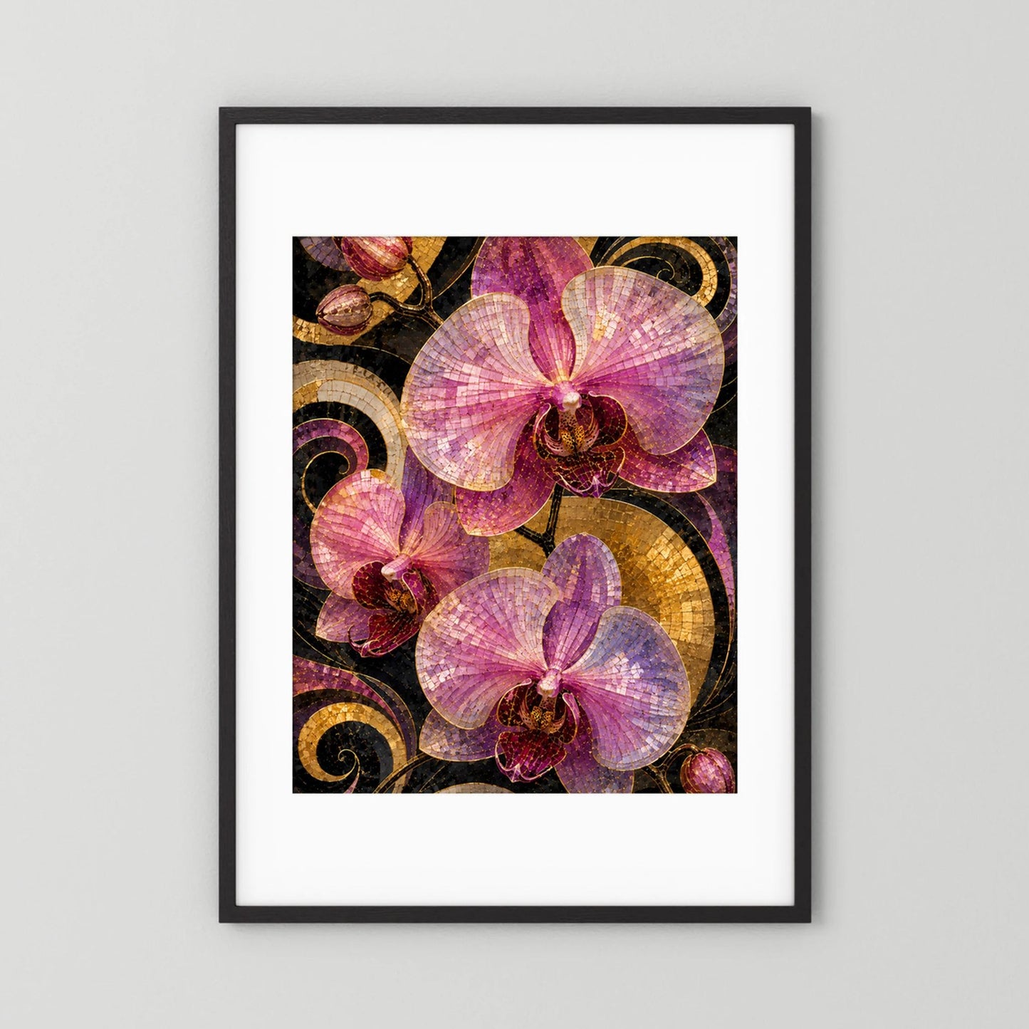 Hochformatiges Kunstposter mit schwarzem Rahmen und weißem Passepartout, rosa Orchideen.