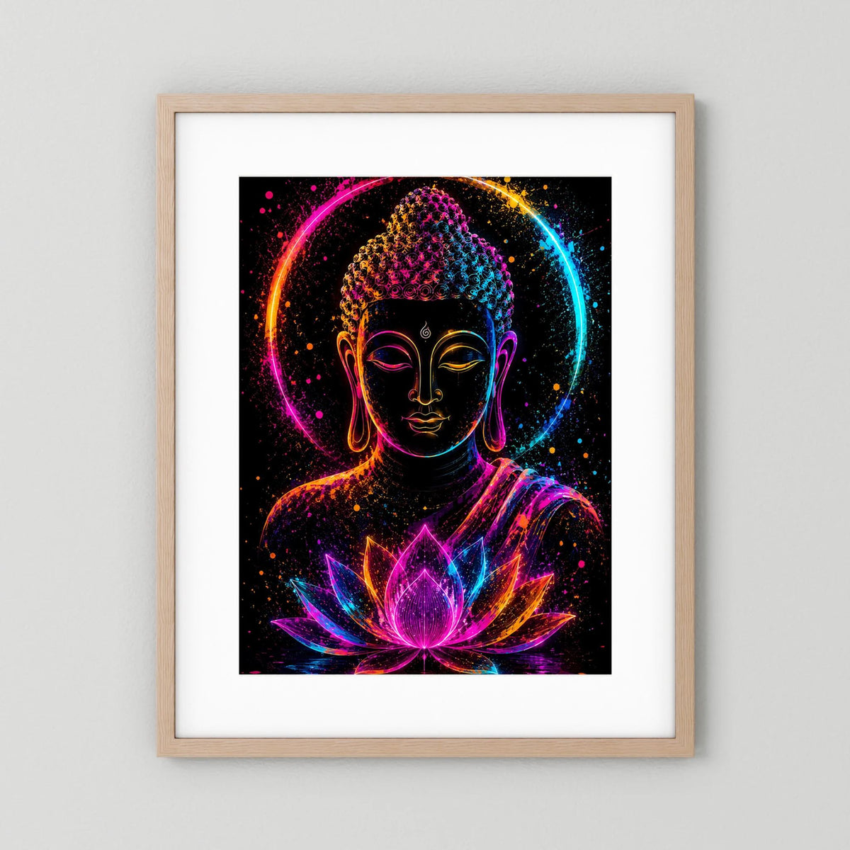 Leuchtendes Buddha-Neonposter mit Lotussymbol, beiger Holzrahmen mit weißem Rand