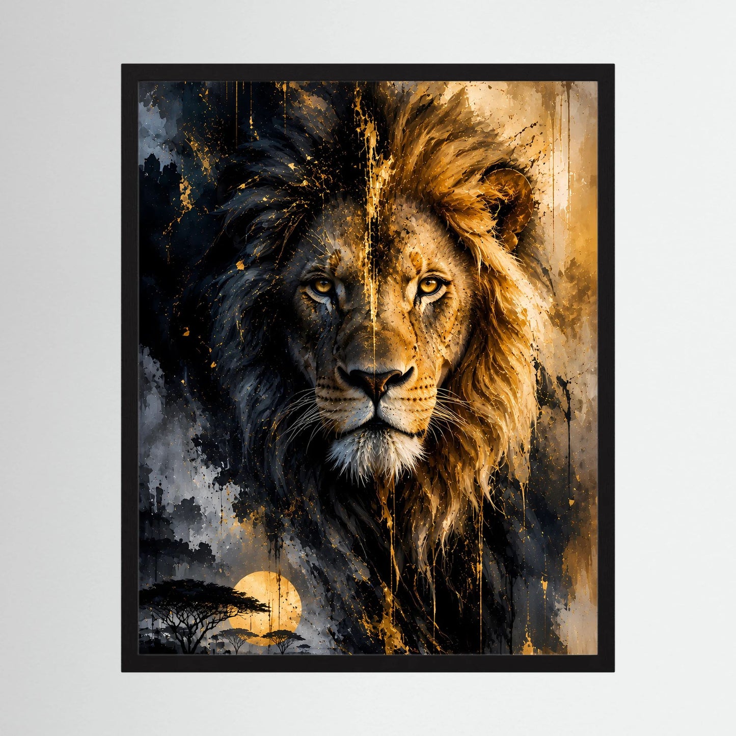 Gerahmtes Löwen-Poster mit abstraktem Löwenporträt in Schwarz und Gold, frontansicht