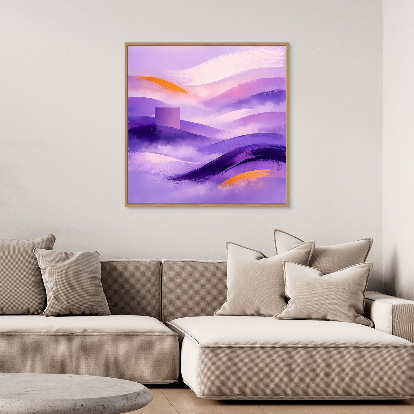 Leinwandbild mit abstrakter Berglandschaft in Lila und Violett, brauner Rahmen