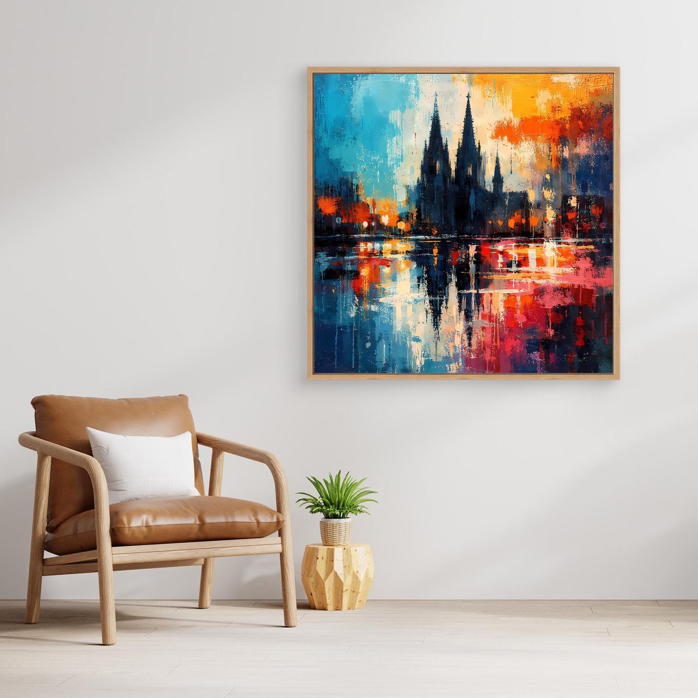 Abstraktes Leinwand-Wandbild mit Dom-Silhouette, Spiegelung und Farbverlauf, goldener Rahmen