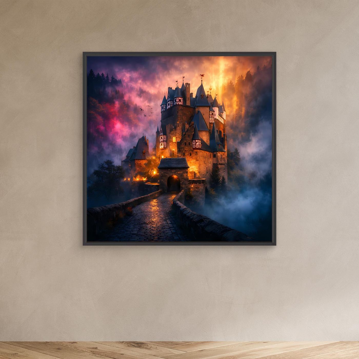Leinwand Mystische Ritterburg im Nebel | Abstraktes Märchenschloss Wandbild