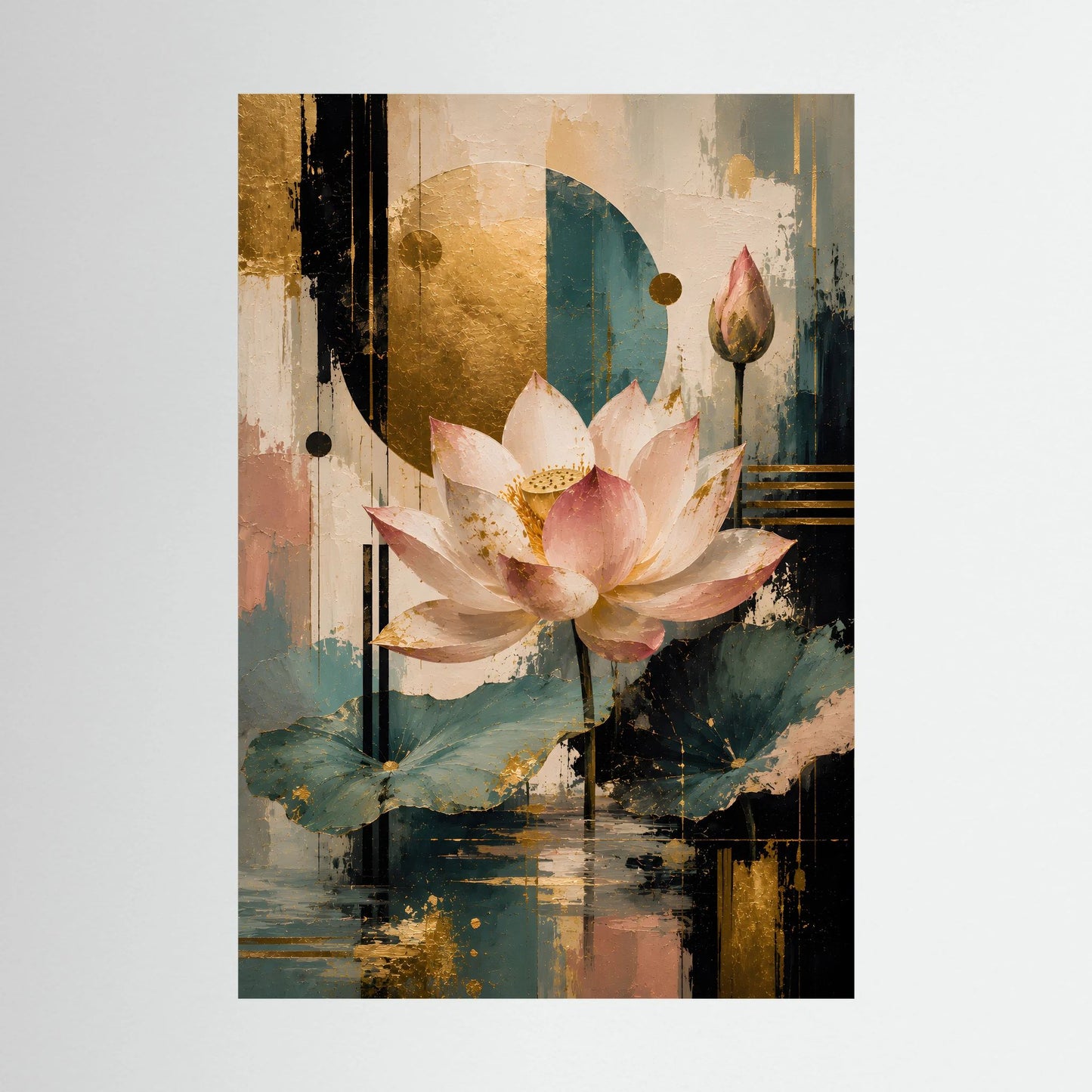Hochformatiges Poster mit Lotusblüten in Rosa und Gold, abstraktem türkisfarbenem Motiv