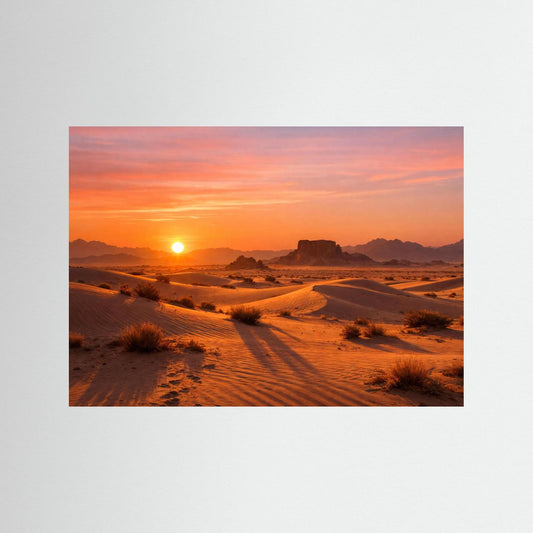 Naturposter mit Dünen-Sonnenuntergang, Sonne über Sandwegen und Dünen im Panorama