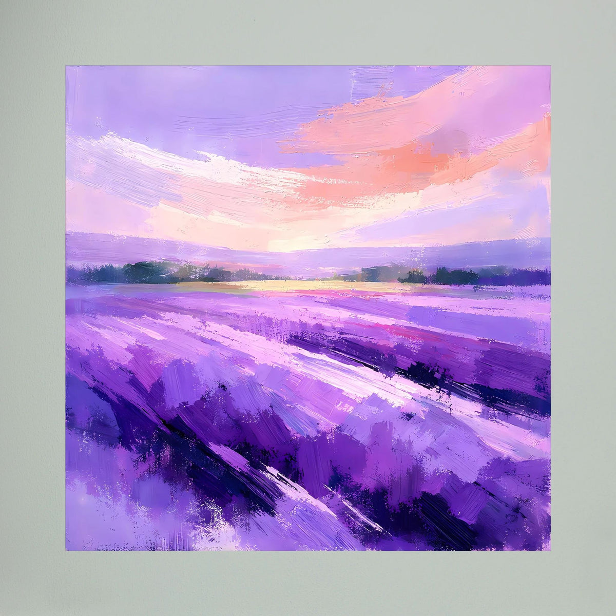 Lila abstraktes Leinwandbild, Nahansicht: violette Pinselstriche und rosa Wolkenhimmel