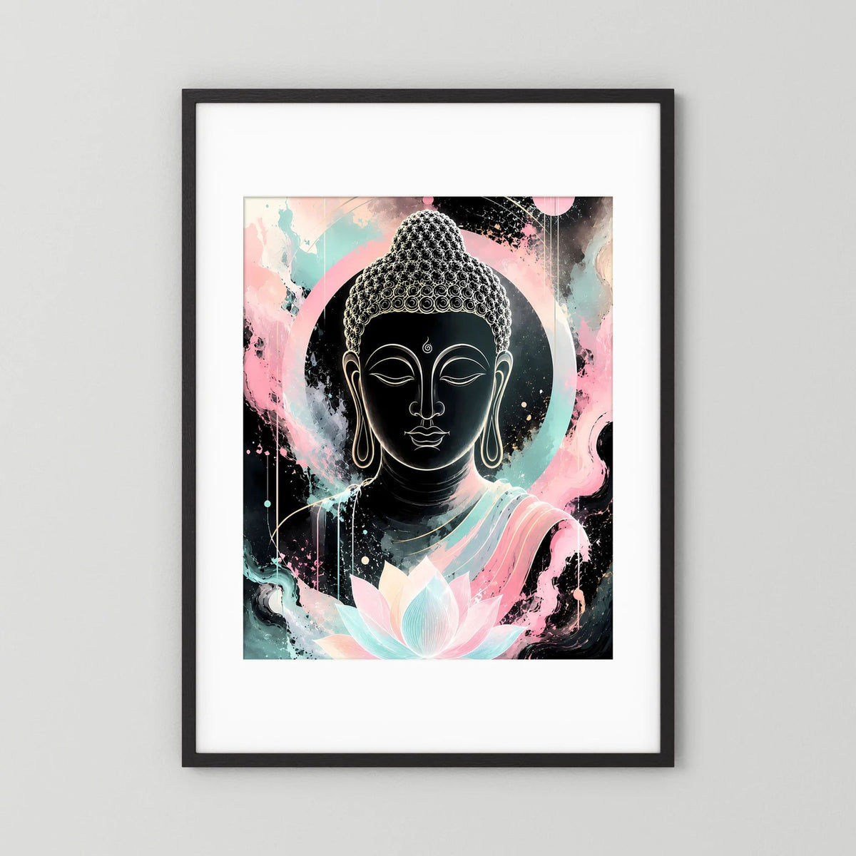 Buddha-Poster im Hochformat mit Lotusblüte, weißer Rand und schwarzer Bilderrahmen