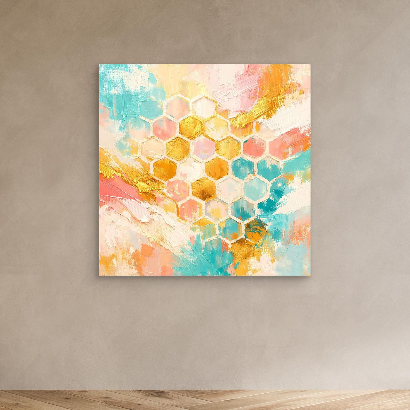Leinwandbild mit Bienenwaben-Muster in Pastellfarben und goldenen Akzenten