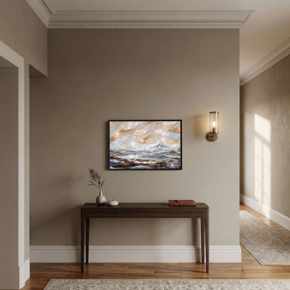 Gerahmtes Poster mit abstrakter Winterlandschaft und See, creme-goldene Pastelltöne