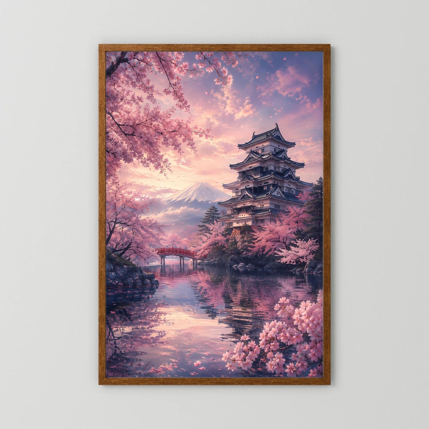 Hochformat-Poster mit braunem Holzrahmen: japanische Pagode, Kirschblüten und Spiegelung im Wasser