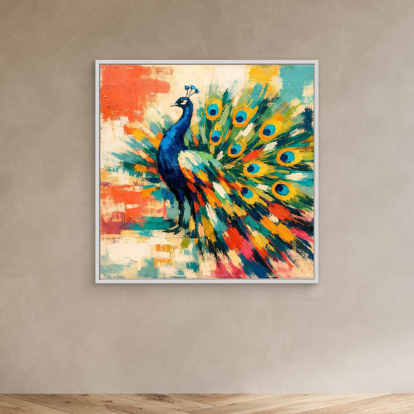 Peacock canvas wall art with colorful fan feathers, wood frame