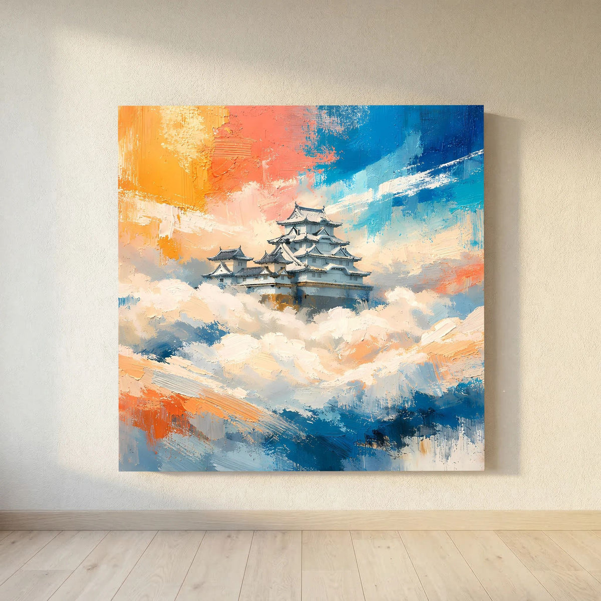 Wandbild auf Leinwand: japanische Burg über den Wolken, strukturierte Pinseloptik