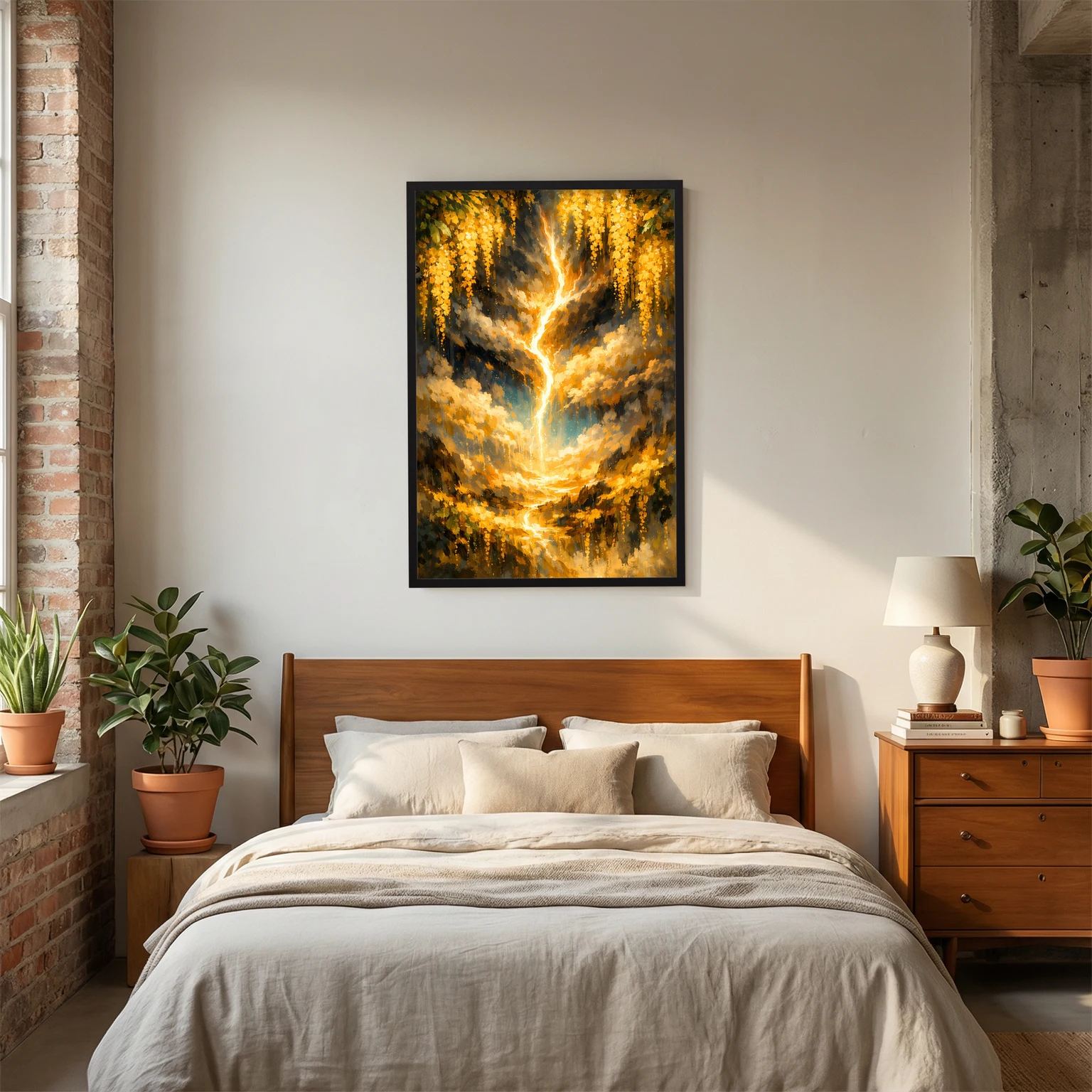 Hochformat-Poster mit goldenem Lebensbaum und flammenden Lichtwolken, in schwarzem Rahmen