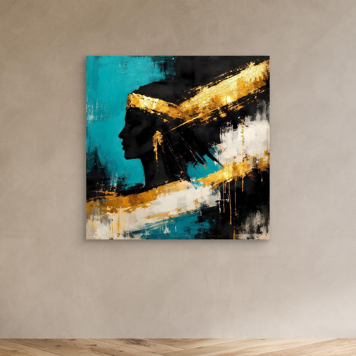 Abstraktes Leinwand-Wandbild mit Frauensilhouette, kräftiges Türkis, Schwarz und Goldsplashes