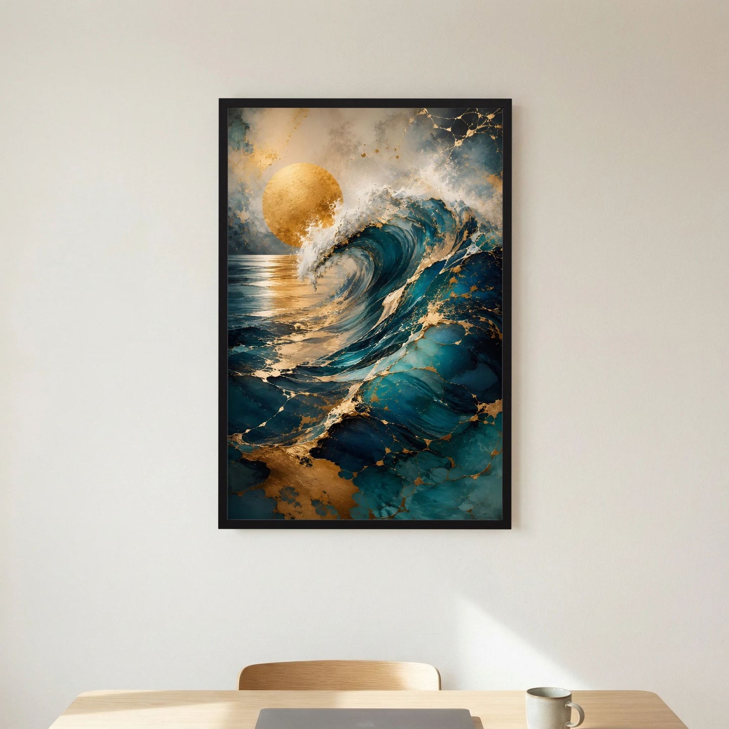 Kunstposter „Goldene Welle“: goldene Sonne über abstrakter Petrol/Türkis-Welle, schwarzer Rahmen