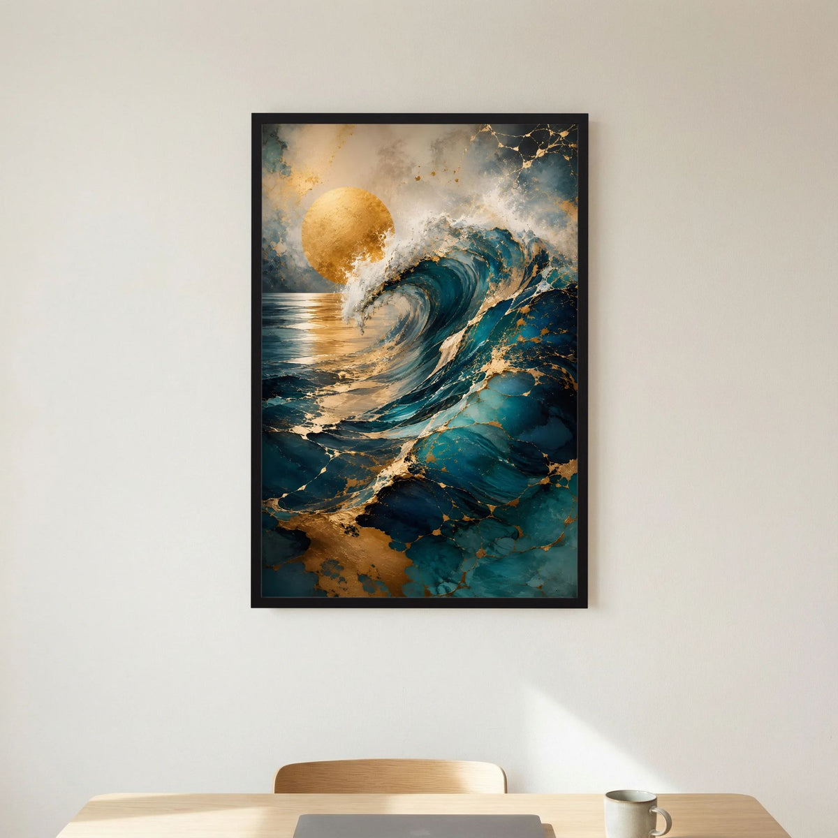 Kunstposter „Goldene Welle“: goldene Sonne über abstrakter Petrol/Türkis-Welle, schwarzer Rahmen