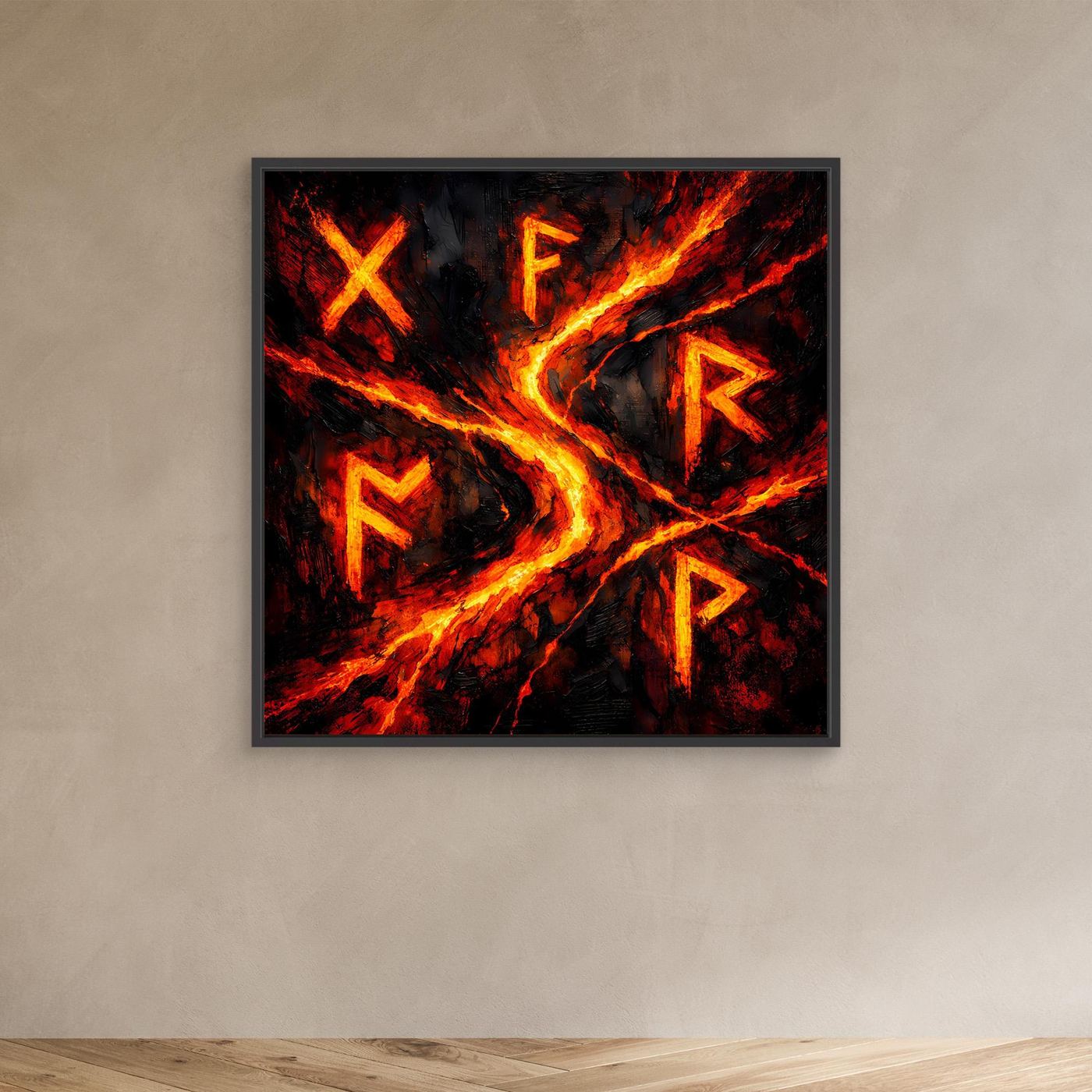 Wandbild mit mystischen Runen, mit schwarzem Rahmen; schwarzer Hintergrund, leuchtende Rot-Orange Flammen