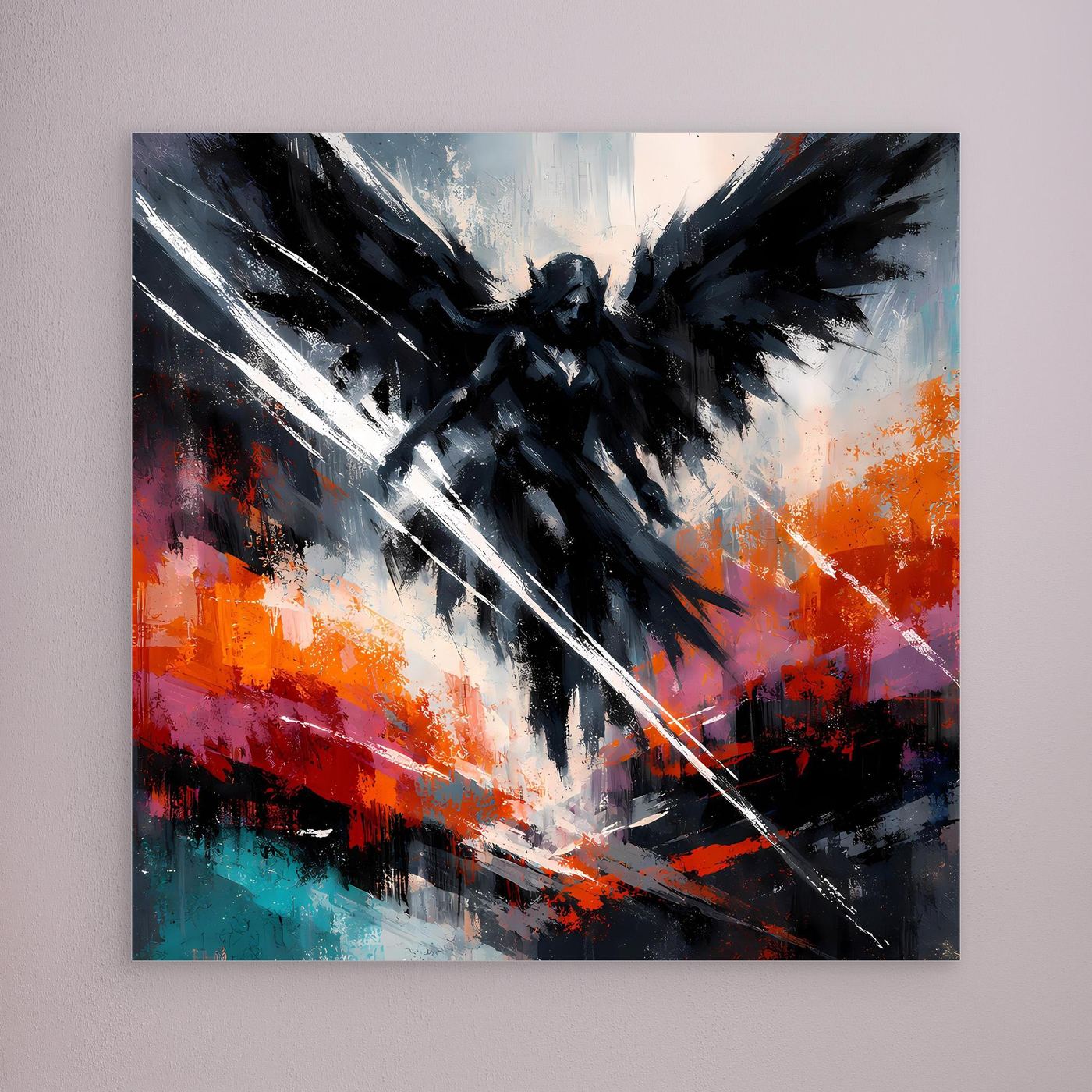 Fantasy-Wandbild: schwarzer geflügelter Engel, abstrakt Orange/Türkis, silberne Streifen, ohne Rahmen