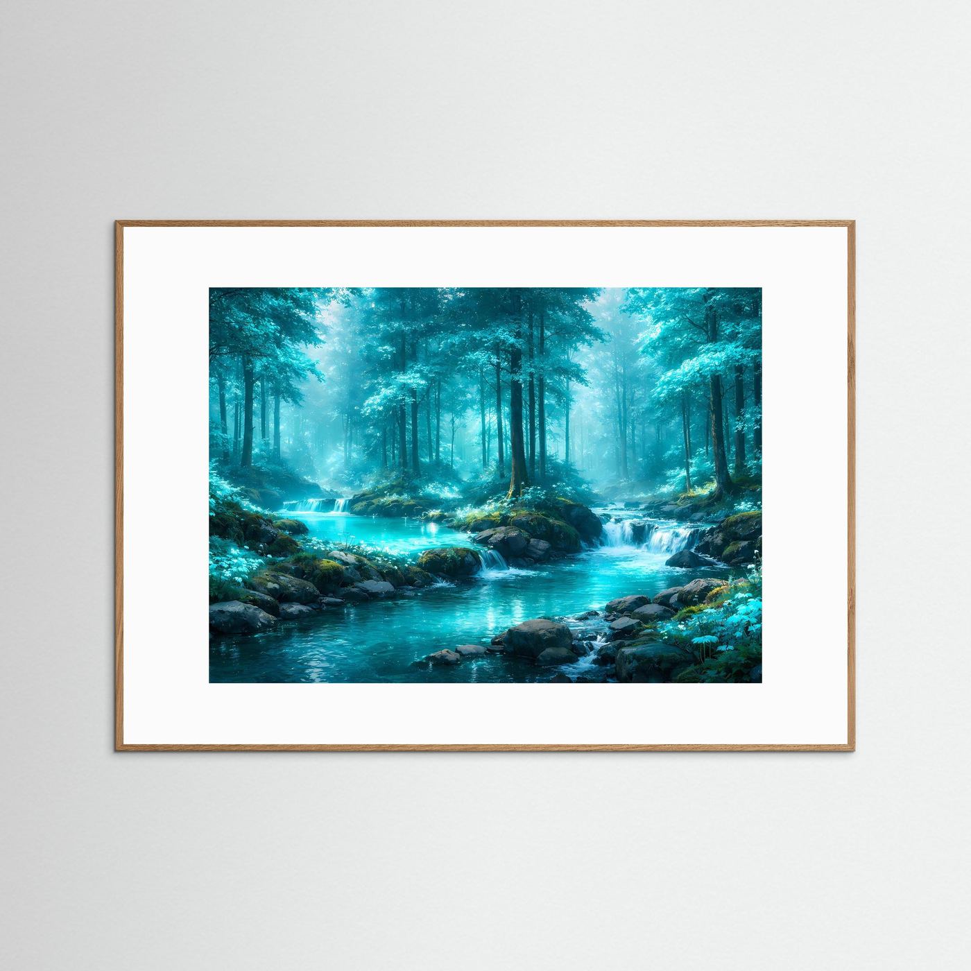 Wandbild mit Waldfluss-Fotografie: türkisfarbenes Wasser, grüner Wald, heller Rahmen
